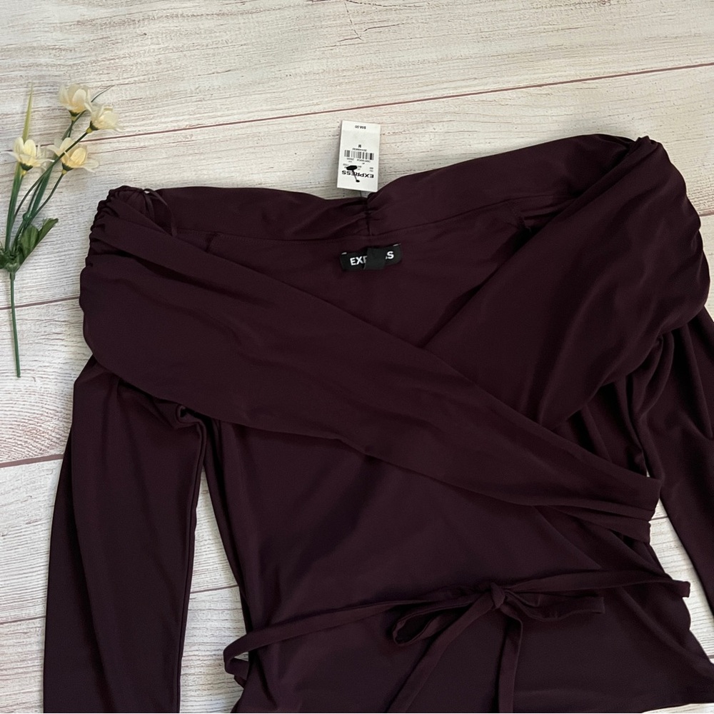 EXPRESS Off The Shoulder Long Sleeve Wrap Top - Picture 3 of 15